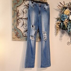 Fashion Nova Distressed Blue Boot Cut Jeans. Great Condition NWOT Size 11